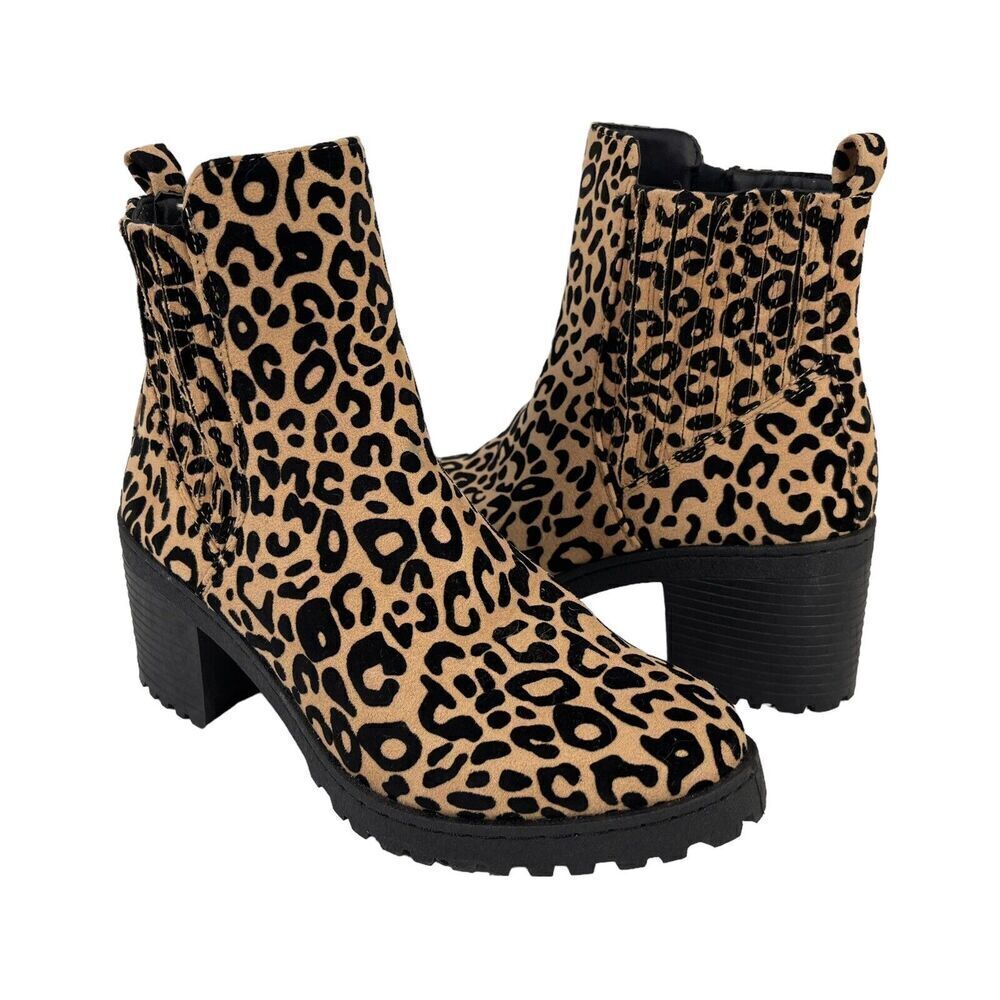 Qupid Cheetah Ankle Boots Bootie Animal Print Size 8 Black Tan Chunky Block Heel